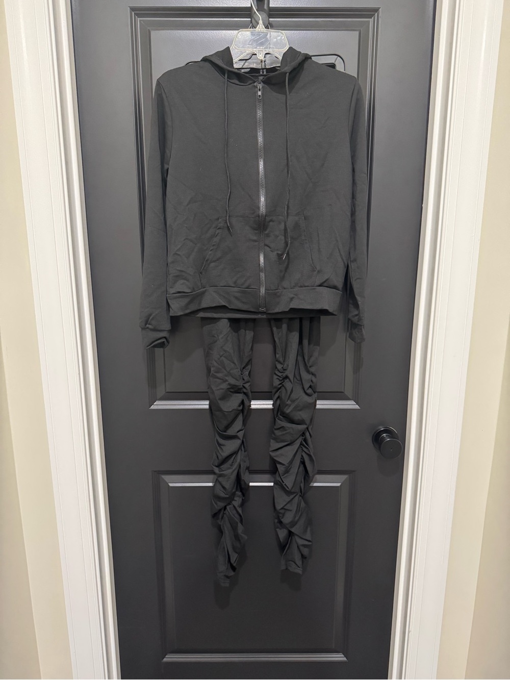 Black Ruched Leggings and Zip Hoodie Set